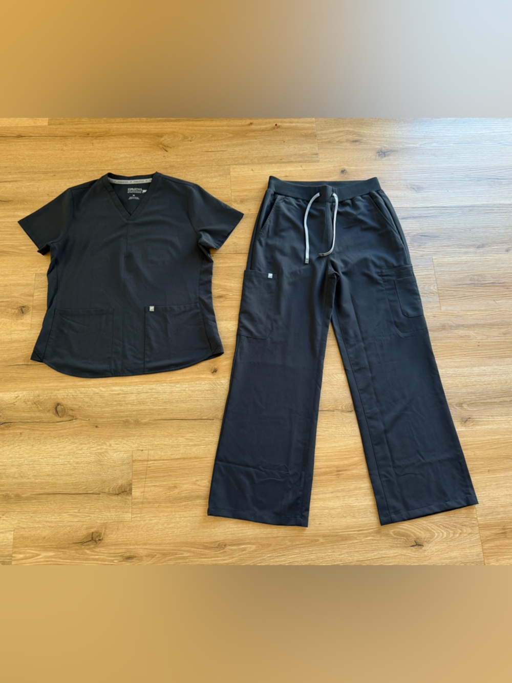 Fabletics Black V-Neck Scrub Top and wide leg scrub pants- Medium